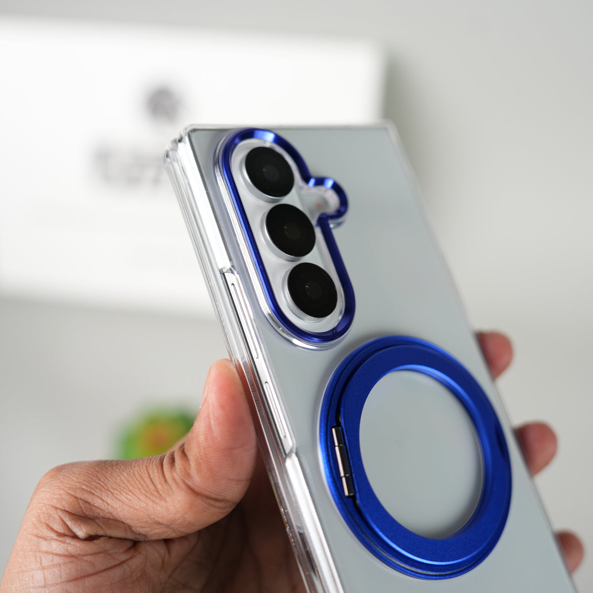 Samsung Galaxy Z Fold 7 Transparent Magnetic Ring Case | Clear Shockproof Back Cover with Kickstand Grip (Blue)