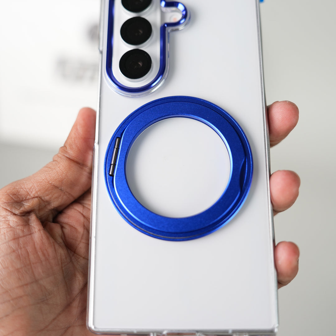 Samsung Galaxy Z Fold 7 Transparent Magnetic Ring Case | Clear Shockproof Back Cover with Kickstand Grip (Blue)