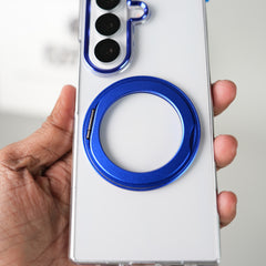 Samsung Galaxy Z Fold 7 Transparent Magnetic Ring Case | Clear Shockproof Back Cover with Kickstand Grip (Blue)