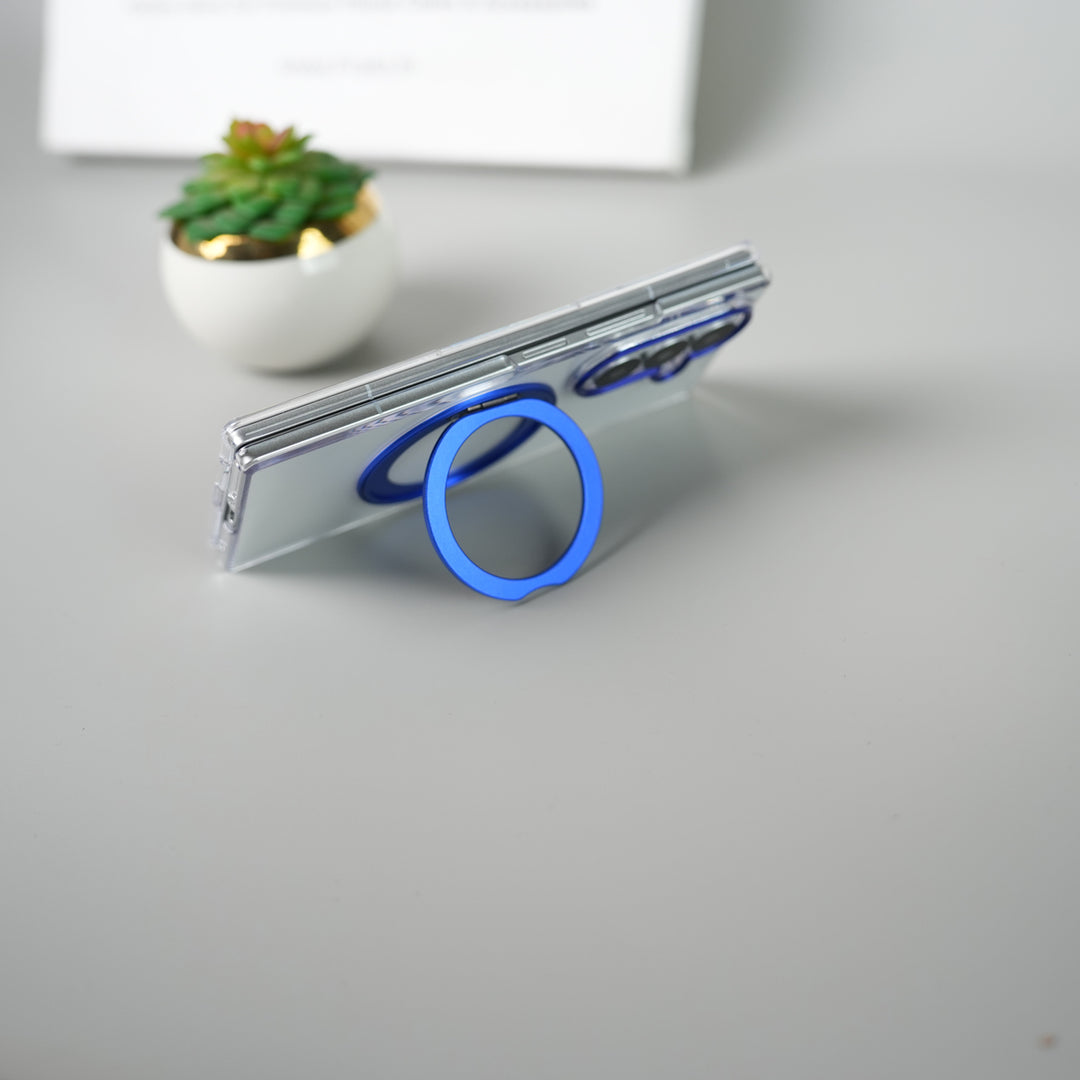 Samsung Galaxy Z Fold 7 Transparent Magnetic Ring Case | Clear Shockproof Back Cover with Kickstand Grip (Blue)