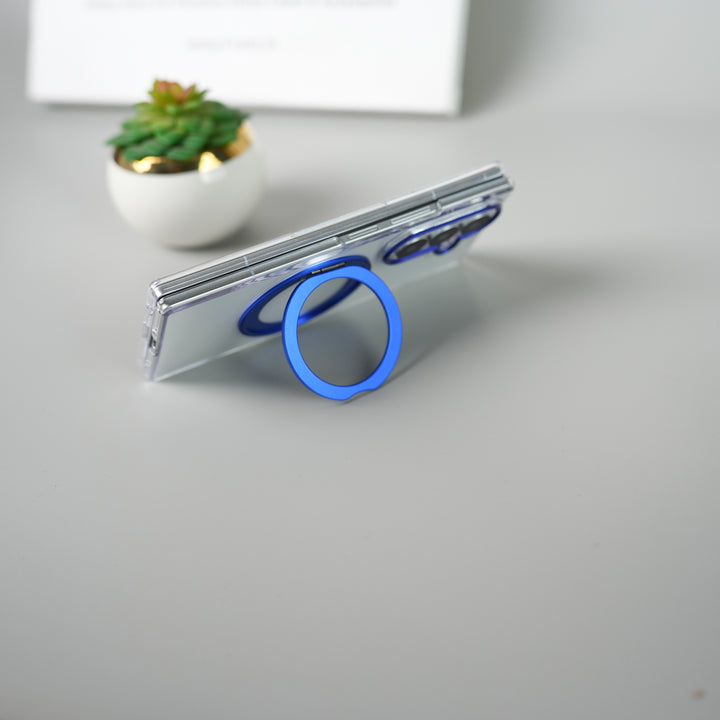 Samsung Galaxy Z Fold 7 Transparent Magnetic Ring Case | Clear Shockproof Back Cover with Kickstand Grip (Blue)