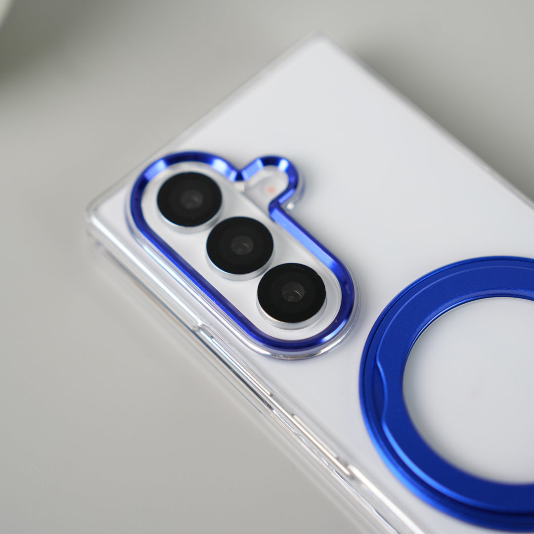 Samsung Galaxy Z Fold 7 Transparent Magnetic Ring Case | Clear Shockproof Back Cover with Kickstand Grip (Blue)