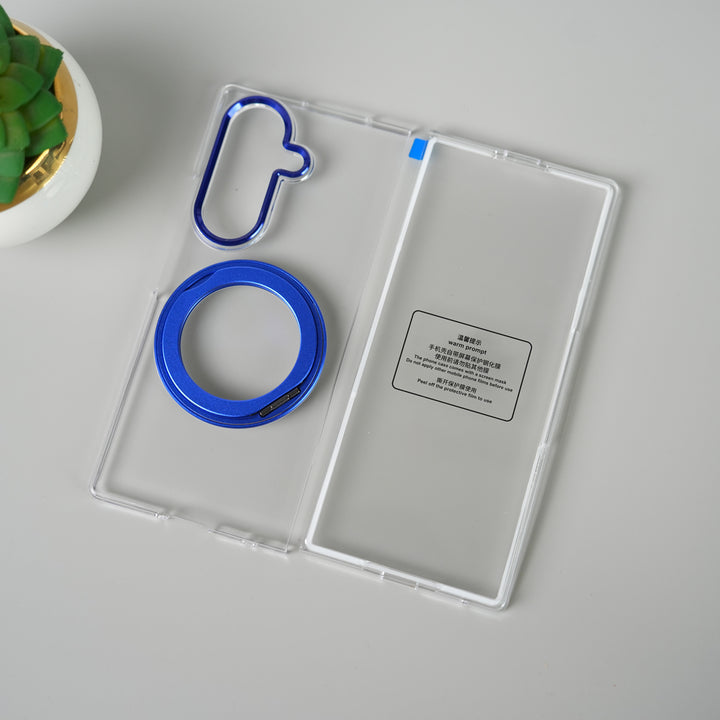 Samsung Galaxy Z Fold 7 Transparent Magnetic Ring Case | Clear Shockproof Back Cover with Kickstand Grip (Blue)