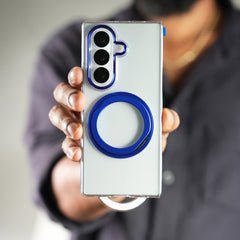 Samsung Galaxy Z Fold 7 Transparent Magnetic Ring Case | Clear Shockproof Back Cover with Kickstand Grip (Blue)