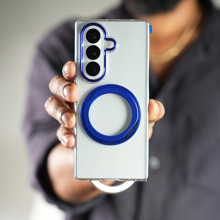 Samsung Galaxy Z Fold 7 Transparent Magnetic Ring Case | Clear Shockproof Back Cover with Kickstand Grip (Blue)