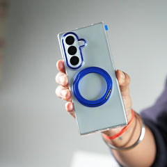 Samsung Galaxy Z Fold 7 Transparent Magnetic Ring Case | Clear Shockproof Back Cover with Kickstand Grip (Blue)