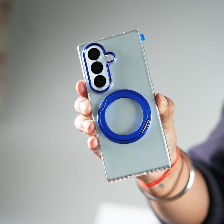 Samsung Galaxy Z Fold 7 Transparent Magnetic Ring Case | Clear Shockproof Back Cover with Kickstand Grip (Blue)