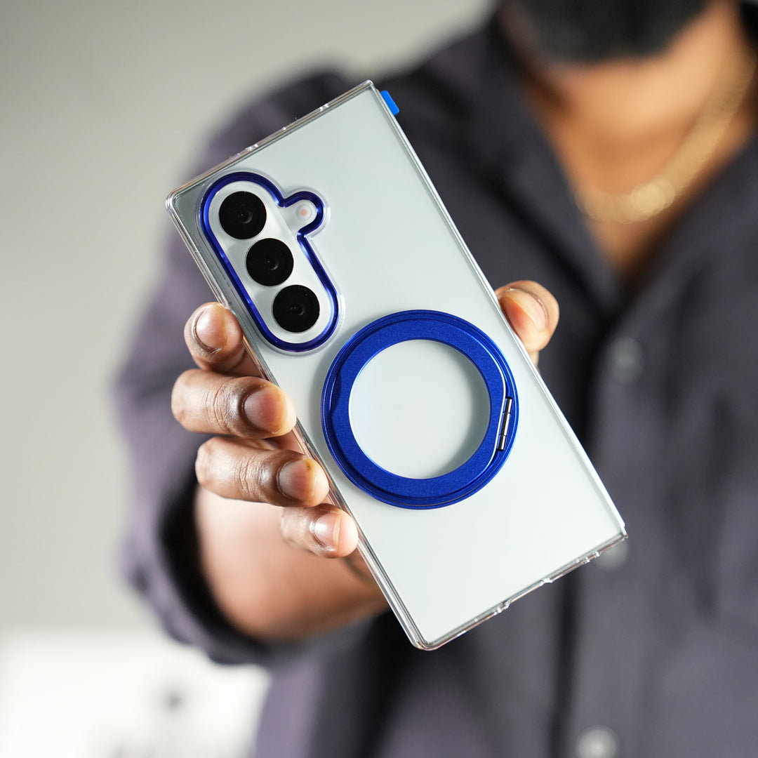 Samsung Galaxy Z Fold 7 Transparent Magnetic Ring Case | Clear Shockproof Back Cover with Kickstand Grip (Blue)