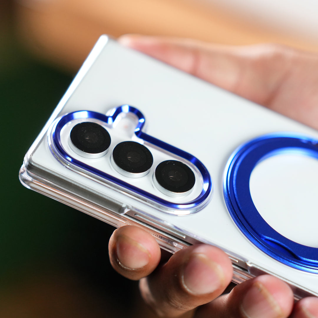 Samsung Galaxy Z Fold 7 Transparent Magnetic Ring Case | Clear Shockproof Back Cover with Kickstand Grip (Blue)