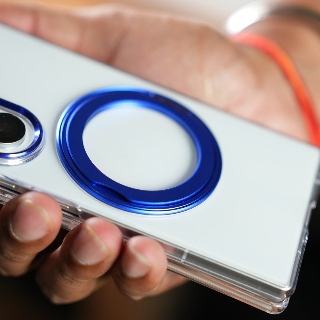 Samsung Galaxy Z Fold 7 Transparent Magnetic Ring Case | Clear Shockproof Back Cover with Kickstand Grip (Blue)