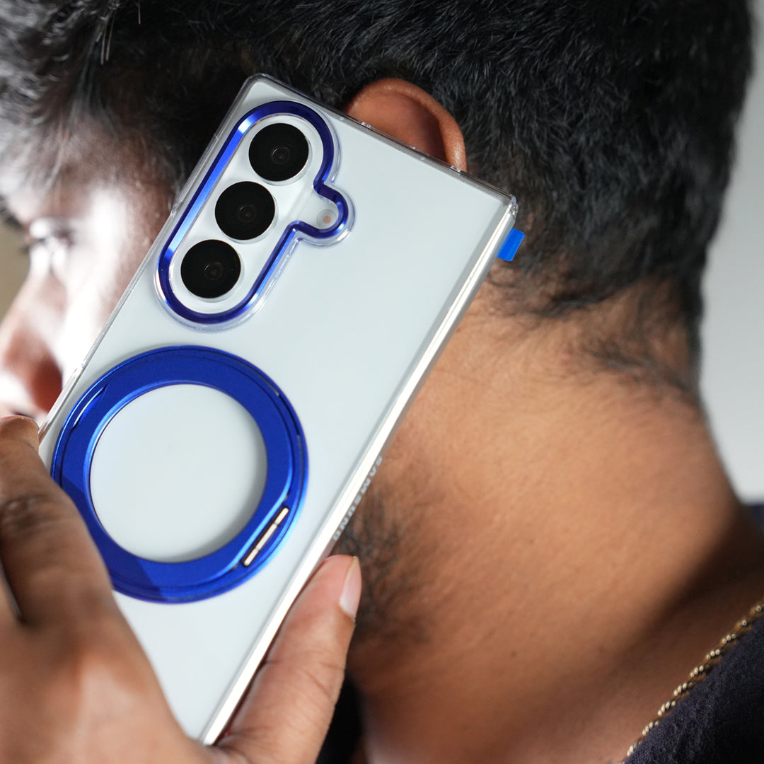 Samsung Galaxy Z Fold 7 Transparent Magnetic Ring Case | Clear Shockproof Back Cover with Kickstand Grip (Blue)