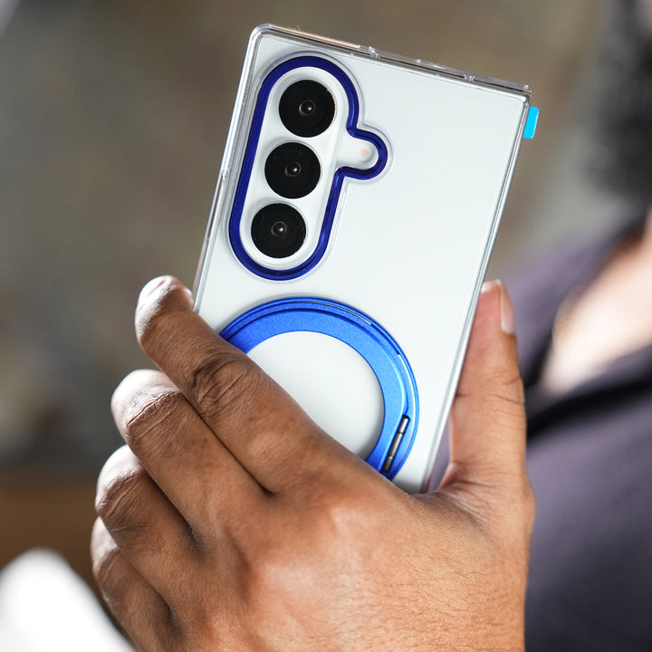Samsung Galaxy Z Fold 7 Transparent Magnetic Ring Case | Clear Shockproof Back Cover with Kickstand Grip (Blue)