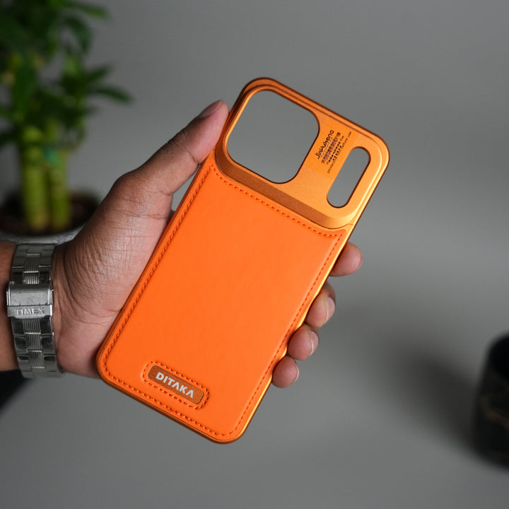 iPhone 17 Series Premium Metallic AeroFLex Leather MagSafe Case (Cosmic Orange)