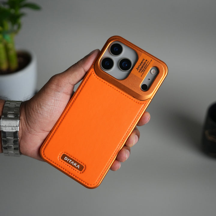 iPhone 17 Series Premium Metallic AeroFLex Leather MagSafe Case (Cosmic Orange)