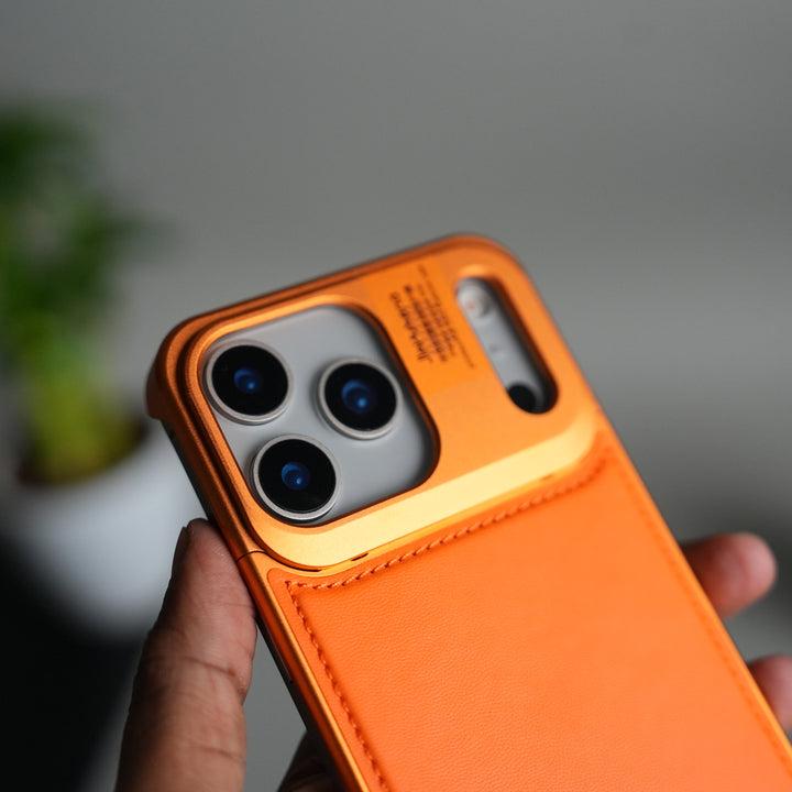 iPhone 17 Series Premium Metallic AeroFLex Leather MagSafe Case (Cosmic Orange)
