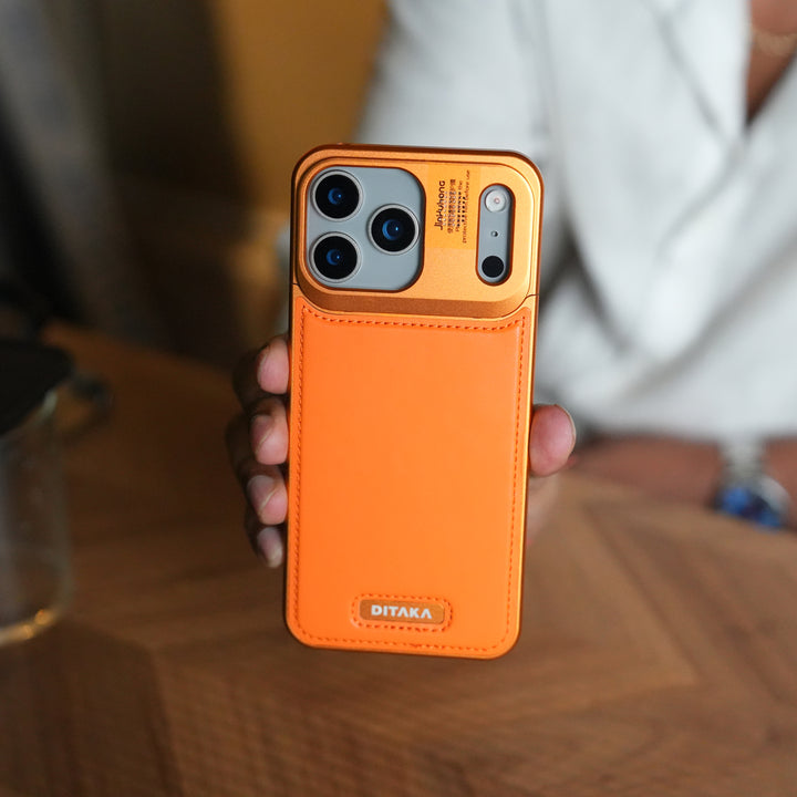 iPhone 17 Series Premium Metallic AeroFLex Leather MagSafe Case (Cosmic Orange)