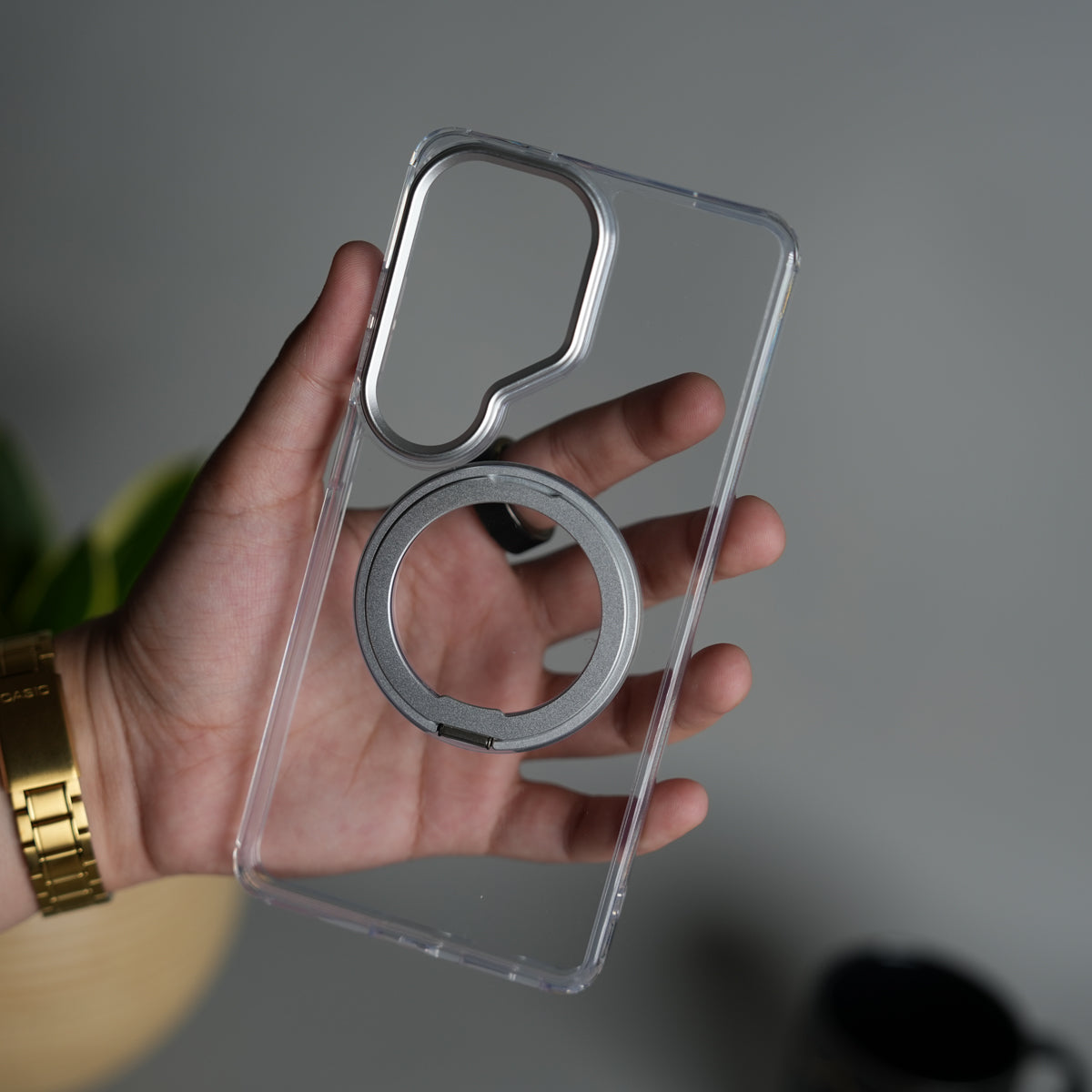 Galaxy S26 Ultra Clear Cover With Metal Stand and Metal Camera Bump