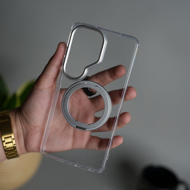 Galaxy S26 Ultra Clear Cover With Metal Stand and Metal Camera Bump