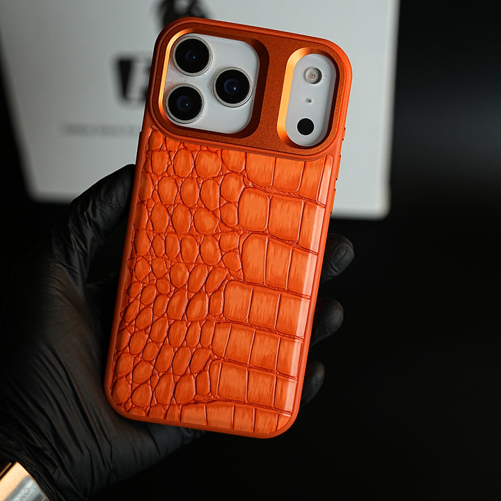 iPhone 17 Series Premium Croc Texture PU Leather MagSafe Case with Metal Camera Frame