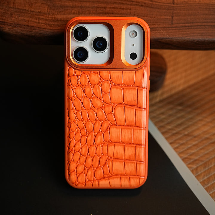 iPhone 17 Series Premium Croc Texture PU Leather MagSafe Case with Metal Camera Frame