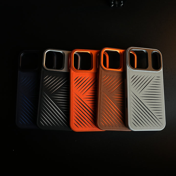 iPhone 17 Series Premium PU Leather Cut Pattern MagSafe Case with Metal Camera Frame