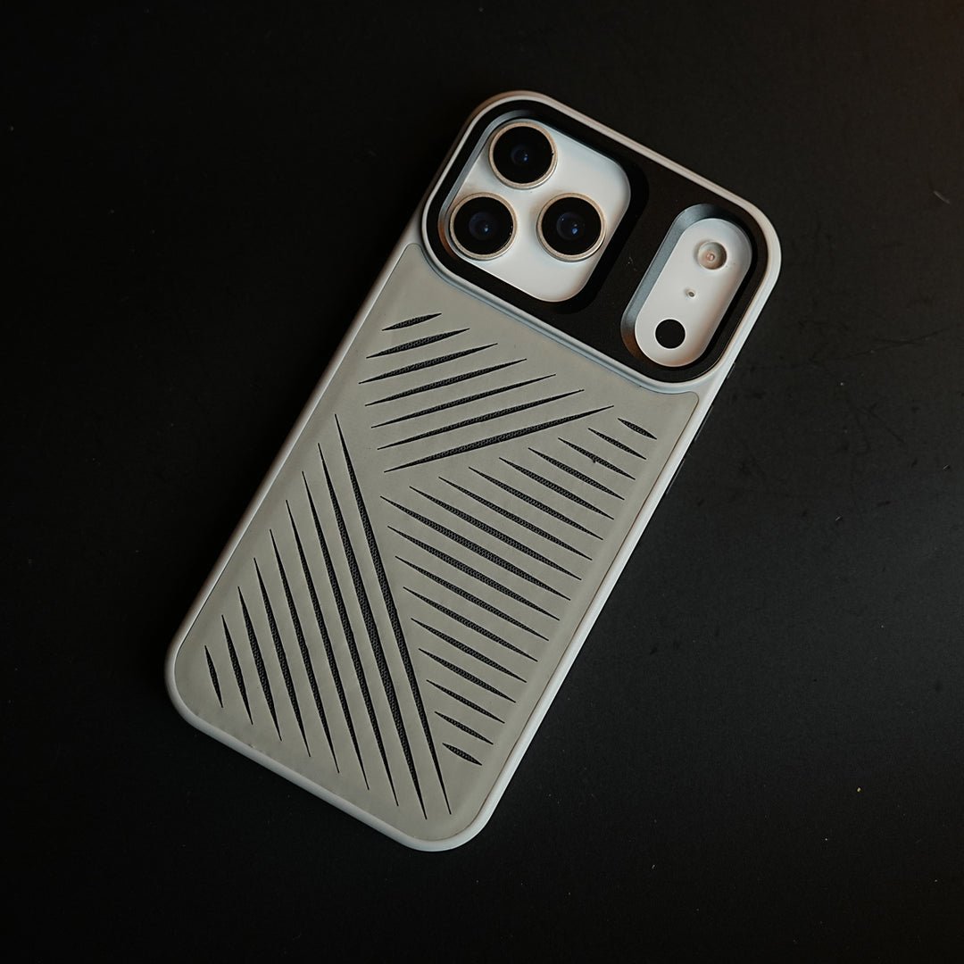iPhone 17 Series Premium PU Leather Cut Pattern MagSafe Case with Metal Camera Frame