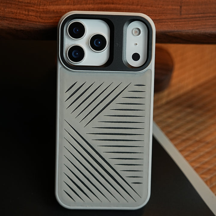 iPhone 17 Series Premium PU Leather Cut Pattern MagSafe Case with Metal Camera Frame