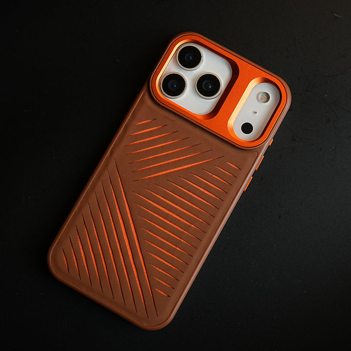 iPhone 17 Series Premium PU Leather Cut Pattern MagSafe Case with Metal Camera Frame