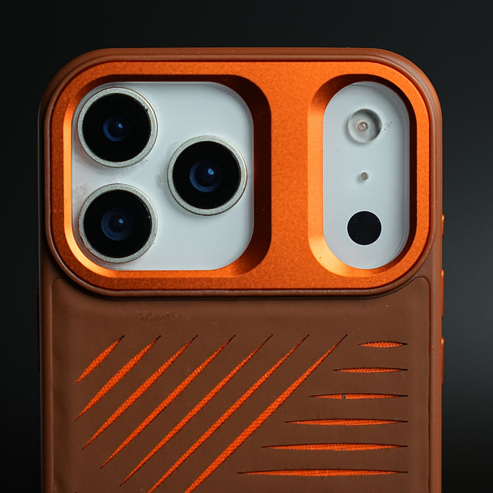 iPhone 17 Series Premium PU Leather Cut Pattern MagSafe Case with Metal Camera Frame