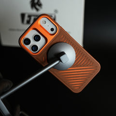 iPhone 17 Series Premium PU Leather Cut Pattern MagSafe Case with Metal Camera Frame