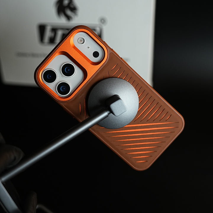 iPhone 17 Series Premium PU Leather Cut Pattern MagSafe Case with Metal Camera Frame