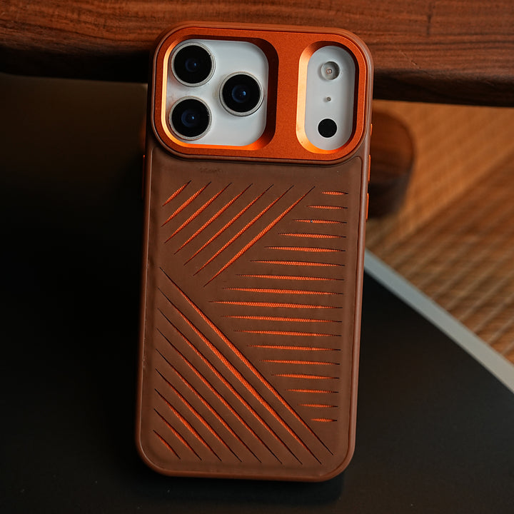 iPhone 17 Series Premium PU Leather Cut Pattern MagSafe Case with Metal Camera Frame