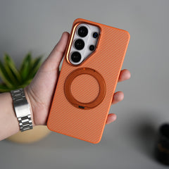 Galaxy S26 Ultra Carbon Textured Metal Camera Ring and Rotating Kick Stand Case