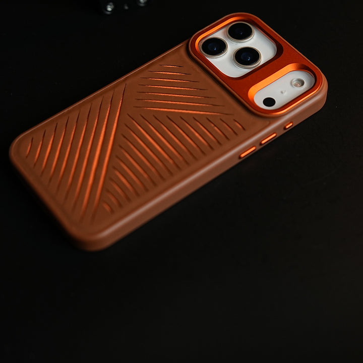 iPhone 17 Series Premium PU Leather Cut Pattern MagSafe Case with Metal Camera Frame