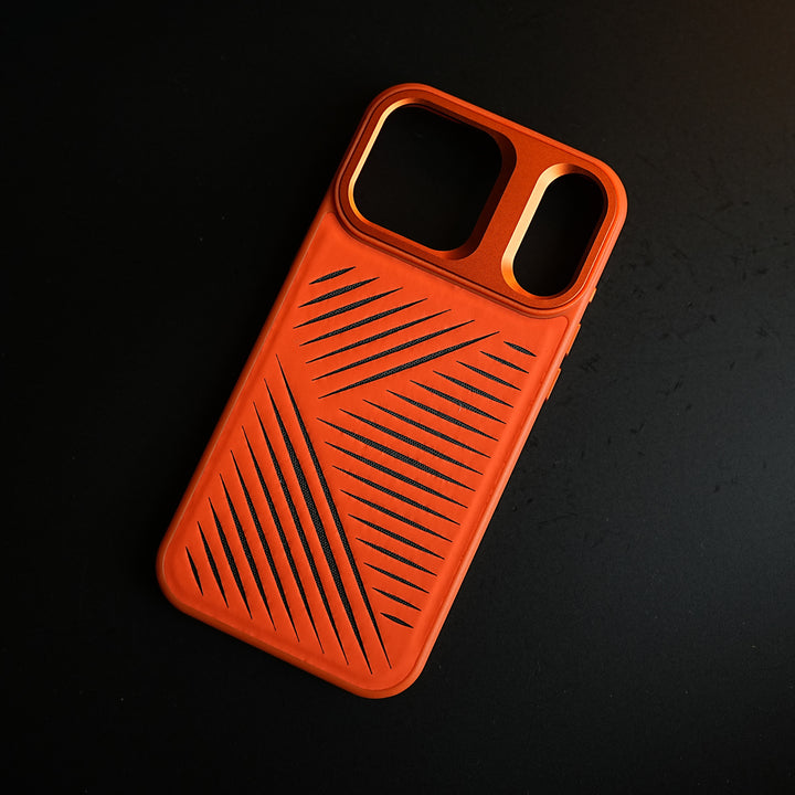 iPhone 17 Series Premium PU Leather Cut Pattern MagSafe Case with Metal Camera Frame