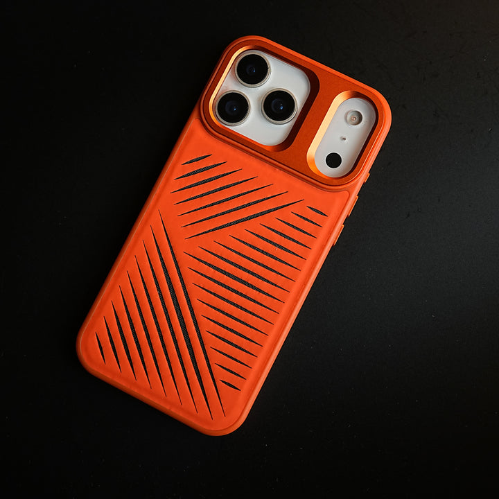 iPhone 17 Series Premium PU Leather Cut Pattern MagSafe Case with Metal Camera Frame