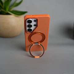 Galaxy S26 Ultra Carbon Textured Metal Camera Ring and Rotating Kick Stand Case