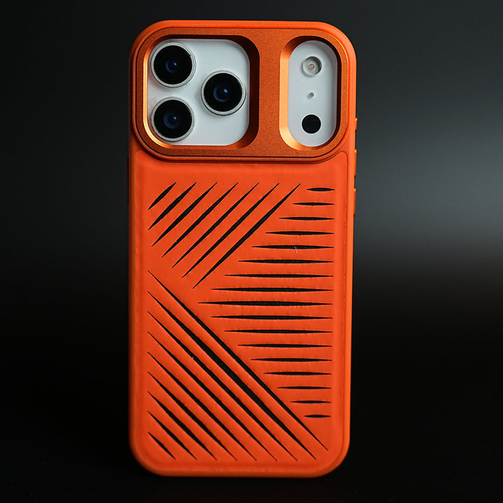 iPhone 17 Series Premium PU Leather Cut Pattern MagSafe Case with Metal Camera Frame