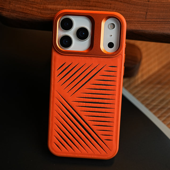iPhone 17 Series Premium PU Leather Cut Pattern MagSafe Case with Metal Camera Frame