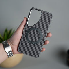 Galaxy S26 Ultra Carbon Textured Metal Camera Ring and Rotating Kick Stand Case