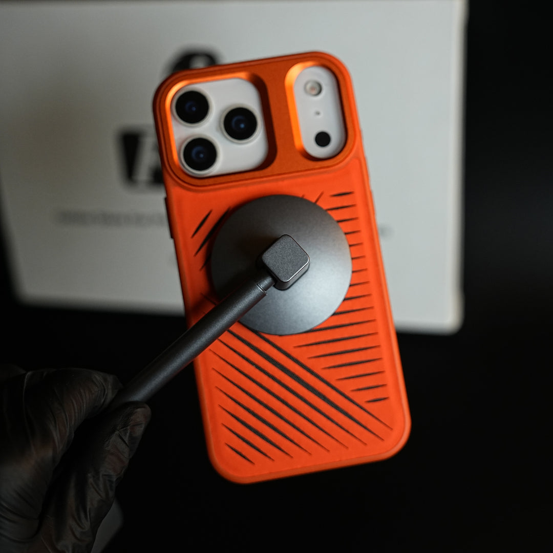 iPhone 17 Series Premium PU Leather Cut Pattern MagSafe Case with Metal Camera Frame