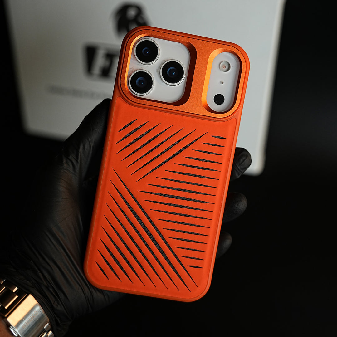 iPhone 17 Series Premium PU Leather Cut Pattern MagSafe Case with Metal Camera Frame
