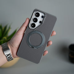 Galaxy S26 Ultra Carbon Textured Metal Camera Ring and Rotating Kick Stand Case