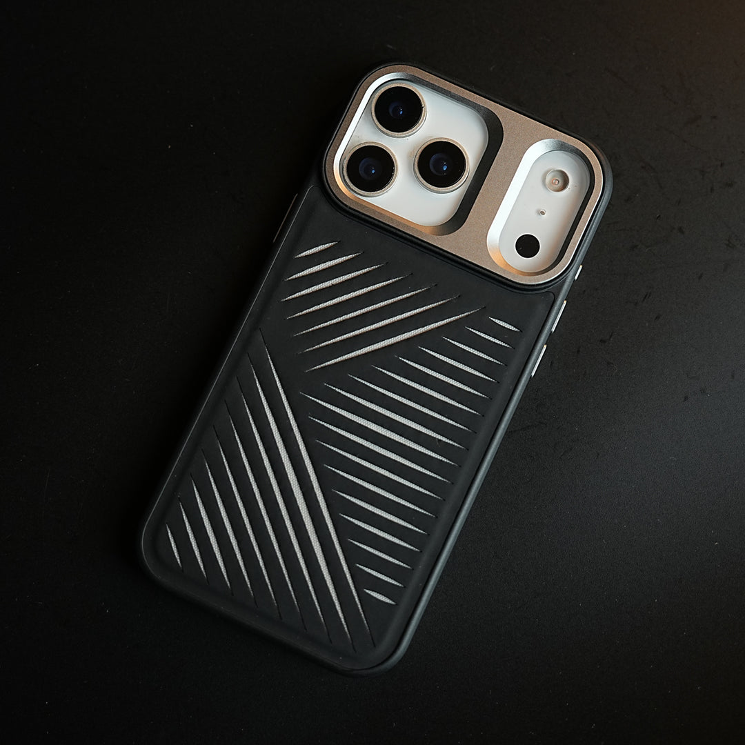 iPhone 17 Series Premium PU Leather Cut Pattern MagSafe Case with Metal Camera Frame