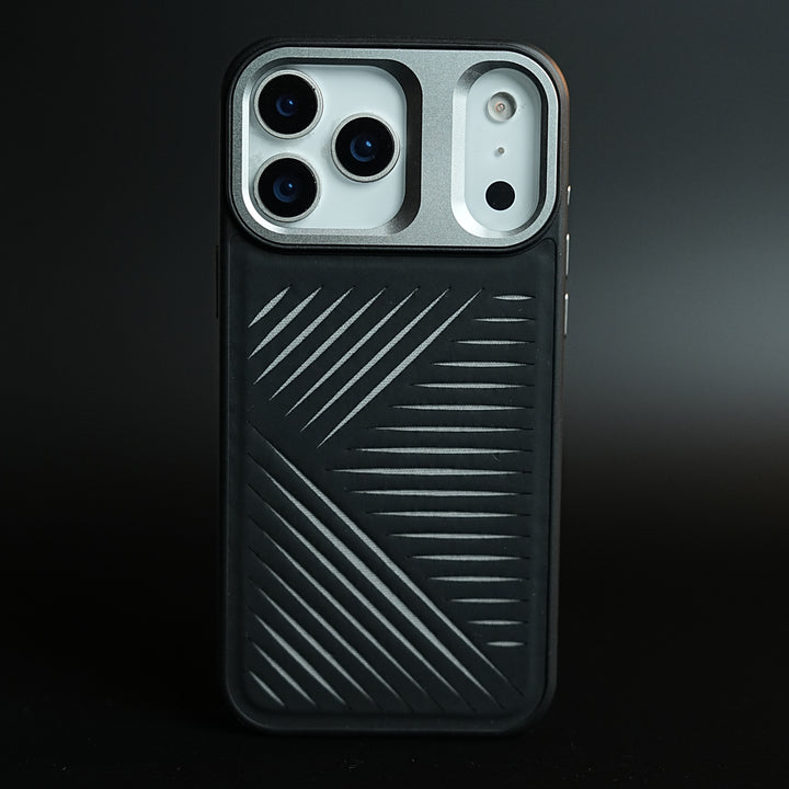 iPhone 17 Series Premium PU Leather Cut Pattern MagSafe Case with Metal Camera Frame