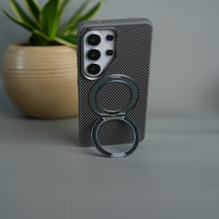 Galaxy S26 Ultra Carbon Textured Metal Camera Ring and Rotating Kick Stand Case