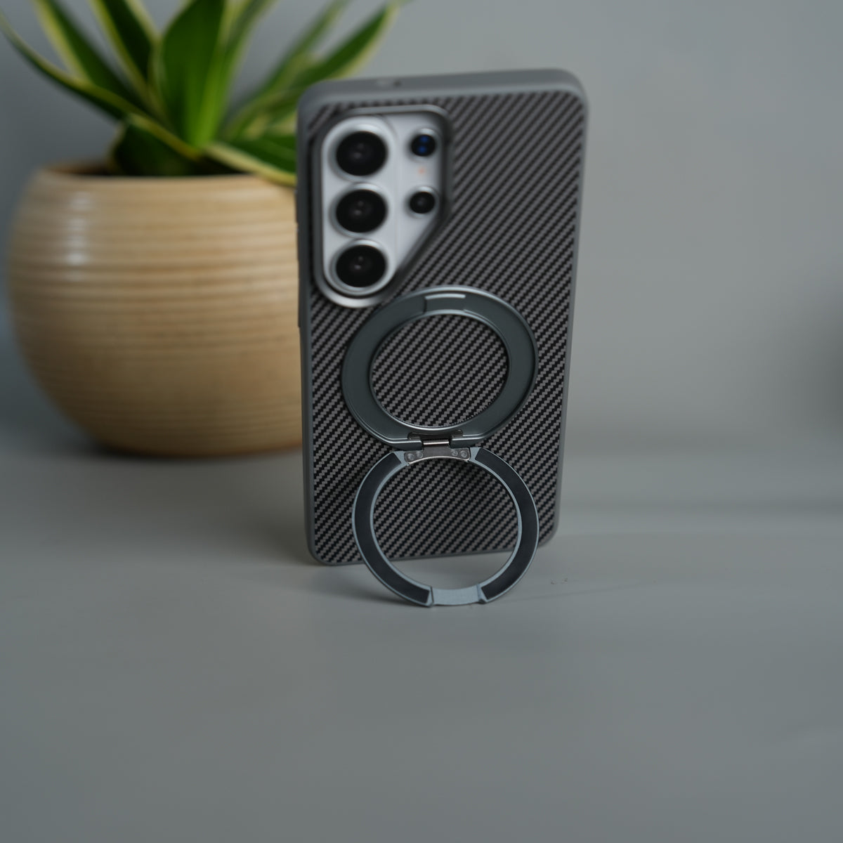 Galaxy S26 Ultra Carbon Textured Metal Camera Ring and Rotating Kick Stand Case