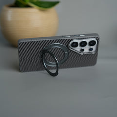 Galaxy S26 Ultra Carbon Textured Metal Camera Ring and Rotating Kick Stand Case