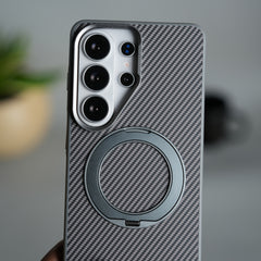 Galaxy S26 Ultra Carbon Textured Metal Camera Ring and Rotating Kick Stand Case