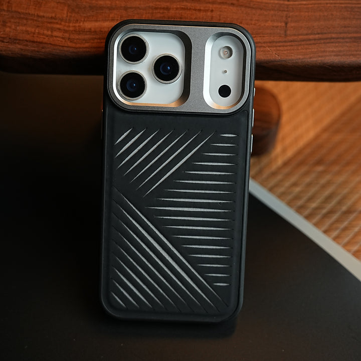 iPhone 17 Series Premium PU Leather Cut Pattern MagSafe Case with Metal Camera Frame